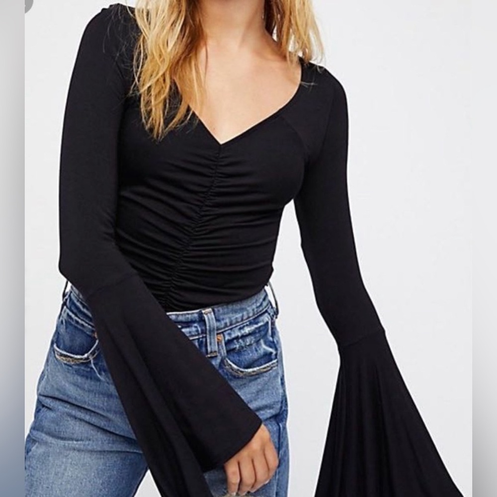 We The Free Black Ruched Bell Sleeve Blouse